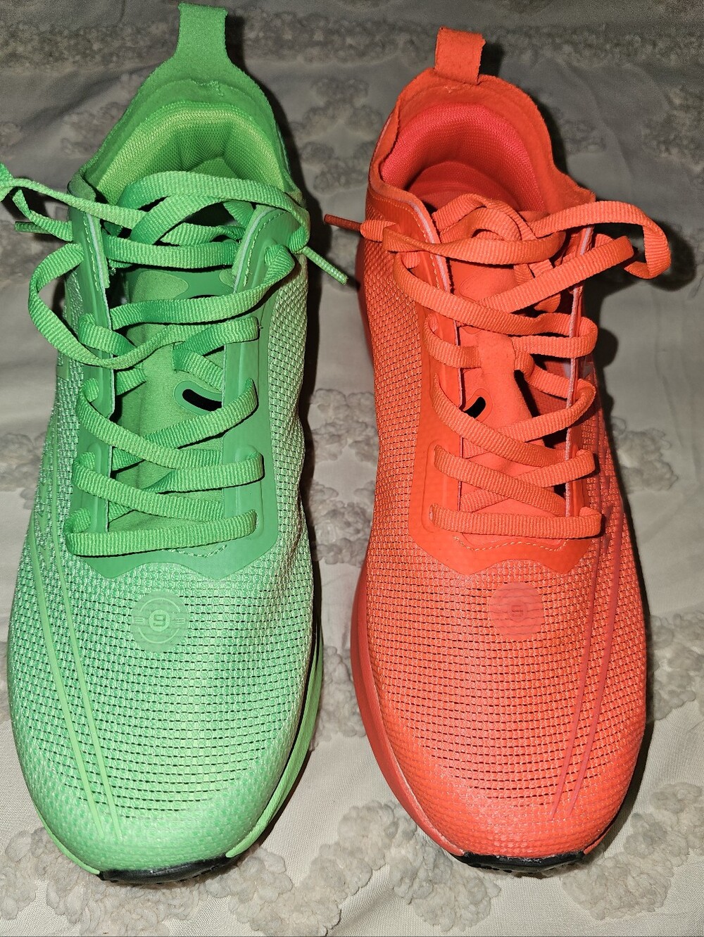 Pair of Neon Green and Neon Orange Athletic Running Sneakers